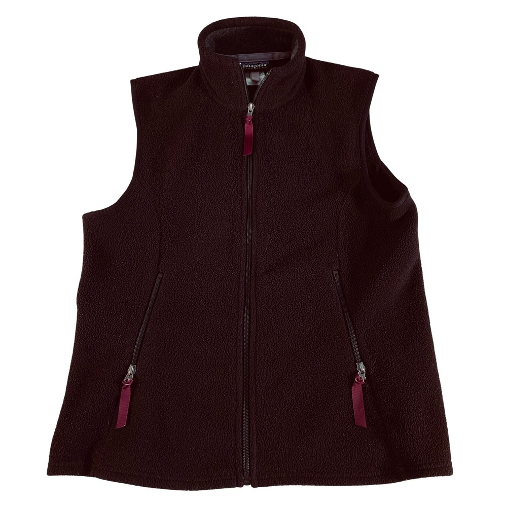 Patagonia Vintage Synchilla Fleece Vest Womens Large Black Burgundy Full Zip